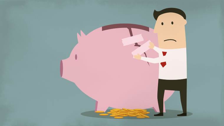cartoon man and giant piggy bank
