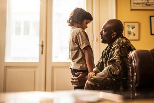 Military man and son talking