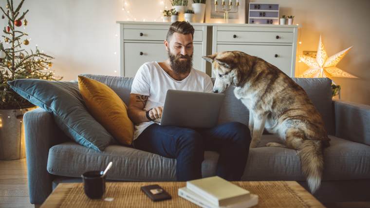 man dogsitting while working remotely