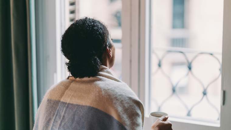 Woman staring out of a window - you can only see the back of her head.