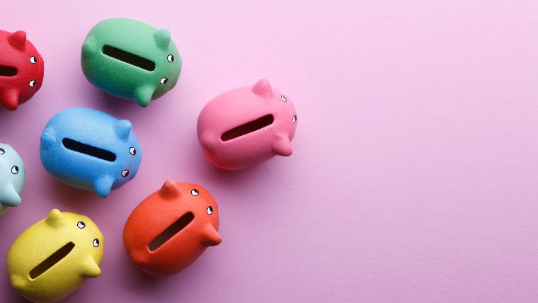 Multi-colored piggy banks.