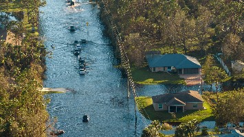 Aerial view of a flooded street.