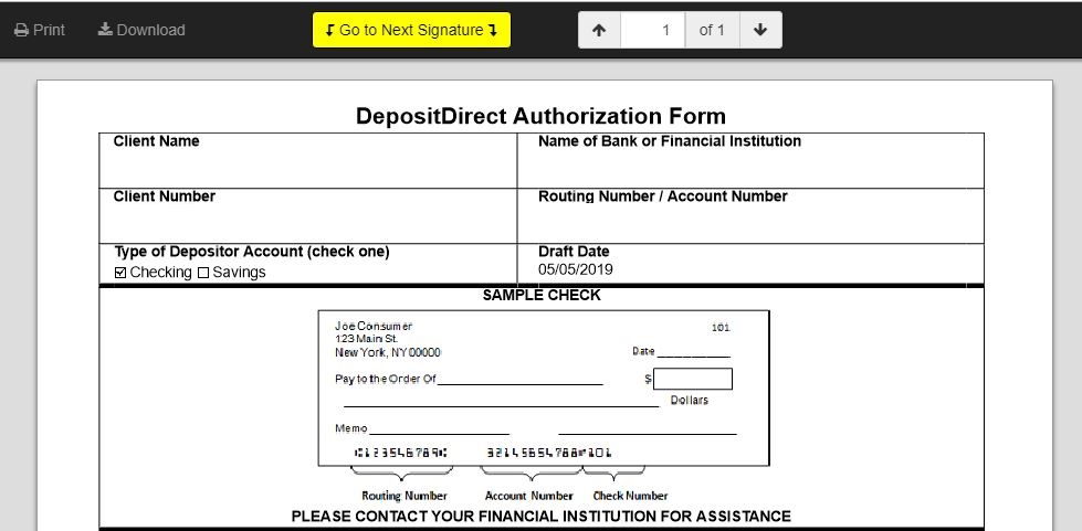 MMI instruction page screenshot - signing the ACH form